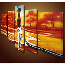 'African Scene' Hand-painted Oil on Canvas Art (Set of 5)