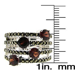 Sterling Silver Garnet and Marcasite 4-row Ring