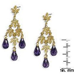 14k Gold Overlay Purple Glass Teardrop Earrings