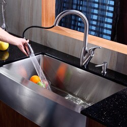 Kraus Stainless Steel Farmhouse Kitchen Sink, Faucet and Dispenser