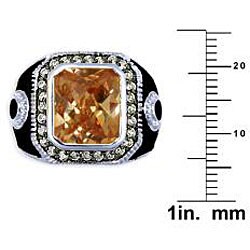 14k White Gold Overlay Men's Cubic Zirconia and Enamel Ring