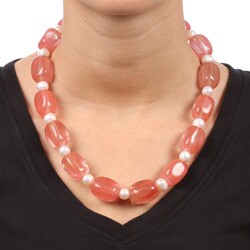 White Freshwater Pearl and Cherry Quartz Glass Bead Necklace (8-9 mm)