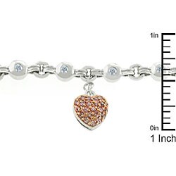 Silvertone Brass Clear and Pink Cubic Zirconia Heart Charm Bracelet