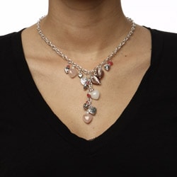 Charming Life Silvertone Rose Quartz and Jade Heart Charm Necklace