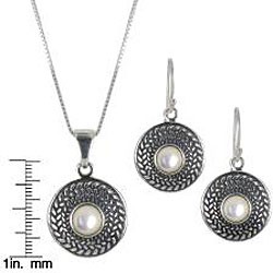 Sunstone Sterling Silver Mother of Pearl Earrings and Necklace Jewelry Set