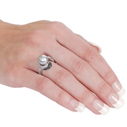 Silvertone Gray Faux Pearl, Black and White Cubic Zirconia Ring