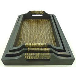 Woven Rattan & Monkey Wood Nesting Tray Set (Set of 3)