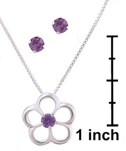 Icz Stonez Silver Purple CZ Earring and Flower Pendant Set