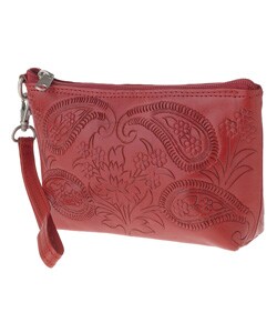 Leaders In Leather Red Tooled Cosmetic Bag