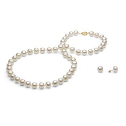 DaVonna 14k Gold White 8-9mm FW Pearl Necklace-Earring Set with Gift Box