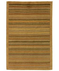 Hand-knotted Stripes Apricot/ Sage Tibetan Wool Rug (3' x 5')