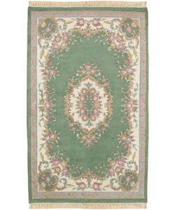 Hand-knotted Green Aubusson Wool Runner (2'6 x 8')