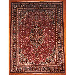 Iranian Mashad Hand-knotted Burgundy/ Navy Rug (9'10 x 13'2)