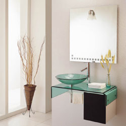 Green Glass Sink Vanity Set with Mirror and Faucet