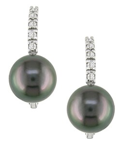 14k Gold Black Pearl and Diamond Earrings (8-9mm)