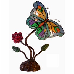Tiffany Style Butterfly & Red Rose Accent Lamp