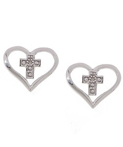 10k White Gold Diamond Heart Cross Earrings