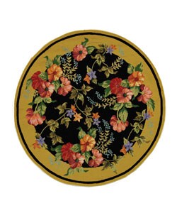 Hand-hooked Midnight Garden Black Wool Rug (3' Round)