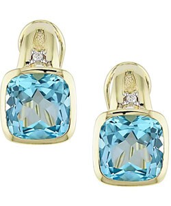 14k Yellow Gold Blue Topaz Diamond  Earrings