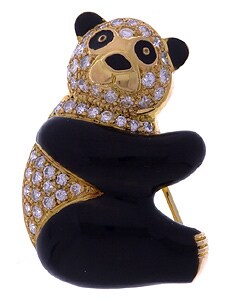 18K Yellow Gold and Diamonds Panda Pin