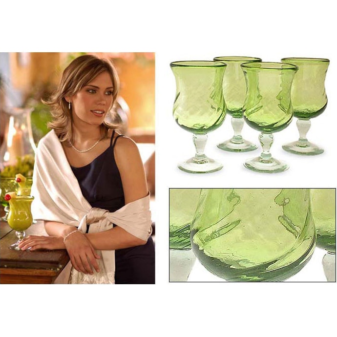 Blown Glass Lime Twist Goblets, Set of 4 (Mexico)