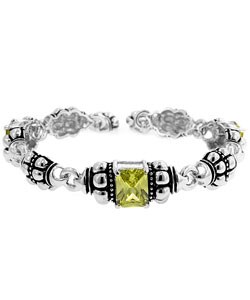 Silvertone Bali Inspired Green CZ Bracelet
