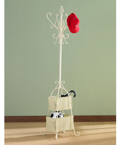 Ivory Iron Hall Tree w/ Rattan Baskets