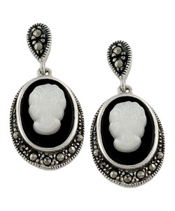 Sterling Silver, MOP, Black Onyx, Marcasite Cameo Earrings