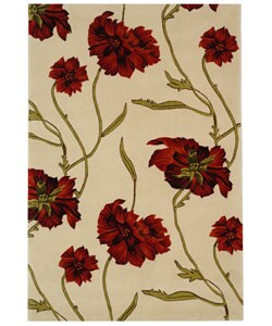 Handmade Carnation Ivory/ Red New Zealand Wool Rug (5' x 8')