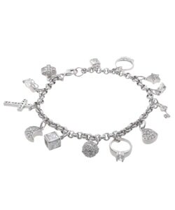 Rhodium Plated Sterling Silver Life Charm Bracelet