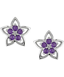 10k White Gold Round Amethyst Star Earrings