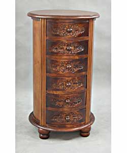 Carved Wood Round 6-drawer Jewelry Chest