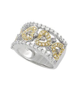 Sterling Silver CZ Two-tone Hearts Ring
