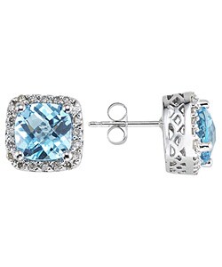 14k White Gold Blue Topaz and Diamond Earrings