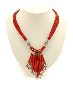 Red Serpentine, Silver Bead and White Pearl Necklace