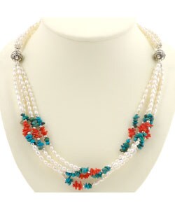 Turquoise, Red Coral, Silver and White Pearl Necklace