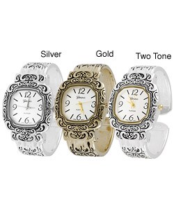 Geneva Platinum Polished Ornate Cuff Watch
