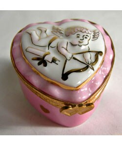 Limoges Hand-painted Heart with Cherub Box