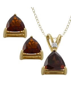 10k Yellow Gold Trillion Garnet Pendant and Earrings Set