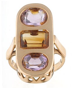 18k Yellow Gold Amethyst and Citrine Cocktail Ring