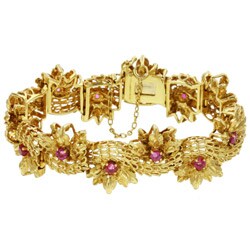 18k Yellow Gold and Rubies Estate Flower Bracelet