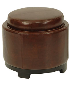 Round Brown Cordovan Ottoman with Storage Tray