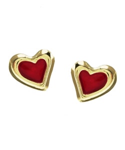14k Yellow Gold Red Enamel Heart Stud Earrings