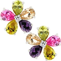 Silvertone Multicolor Cubic Zirconia Flower Studs