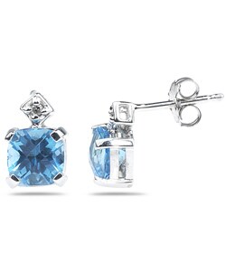 10k Gold Cushion Blue Topaz and Diamond Earrings