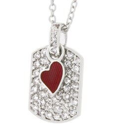 Silvertone Red Cubic Zirconia Dog Tag Necklace