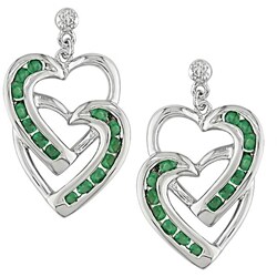 14k White Gold Emerald Double Heart Earrings