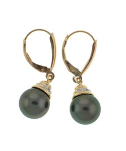 DaVonna 14k Gold Tahitian Cultured Pearl/ Diamond Earrings (9-10 mm)