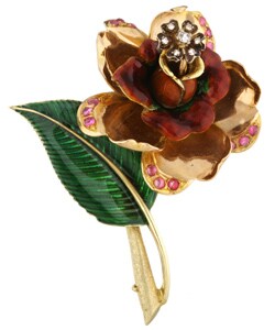 14k Yellow Gold and Enamel Antique Flower Pin