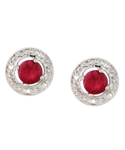 14k White Gold Round Ruby With Diamond Earrings